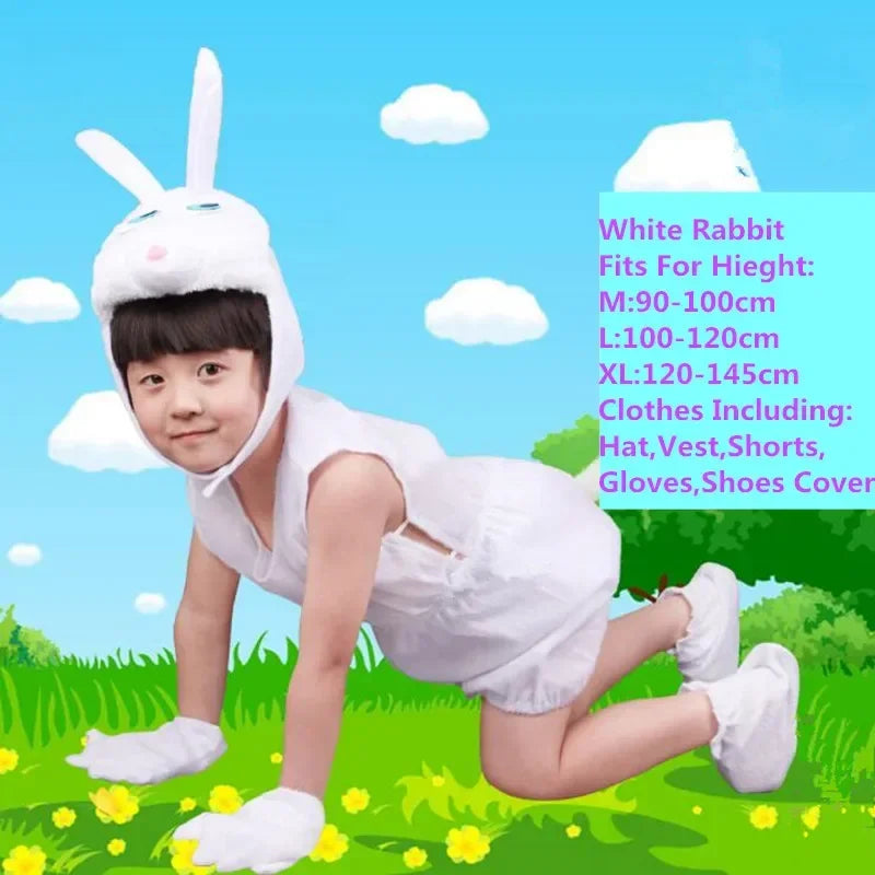 Child wearing white rabbit animal costume set with hat, romper, gloves, and shoe covers