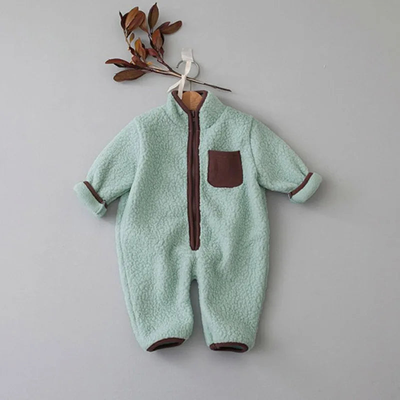 Back view of Warm Lamb Fleece Patchwork Romper