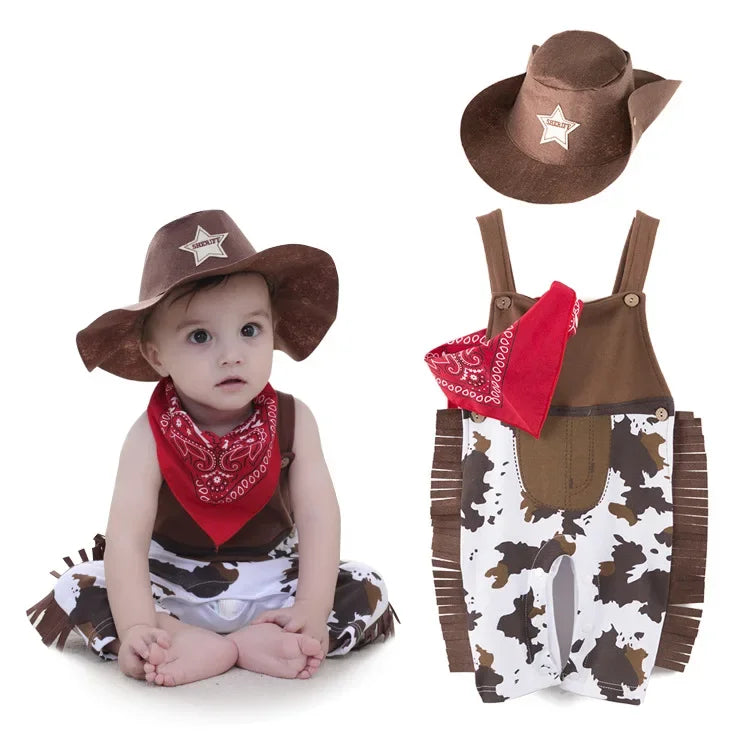 Baby cowboy costume romper set with hat and bandana