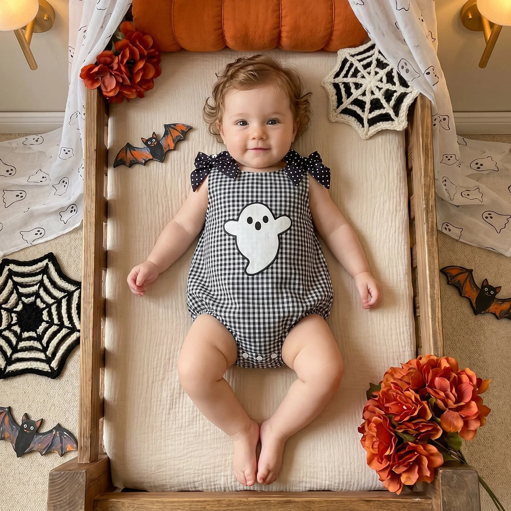 Baby wearing black and white plaid ghost romper with Halloween decorations