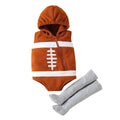 Baby football-themed hooded romper costume with grey stockings