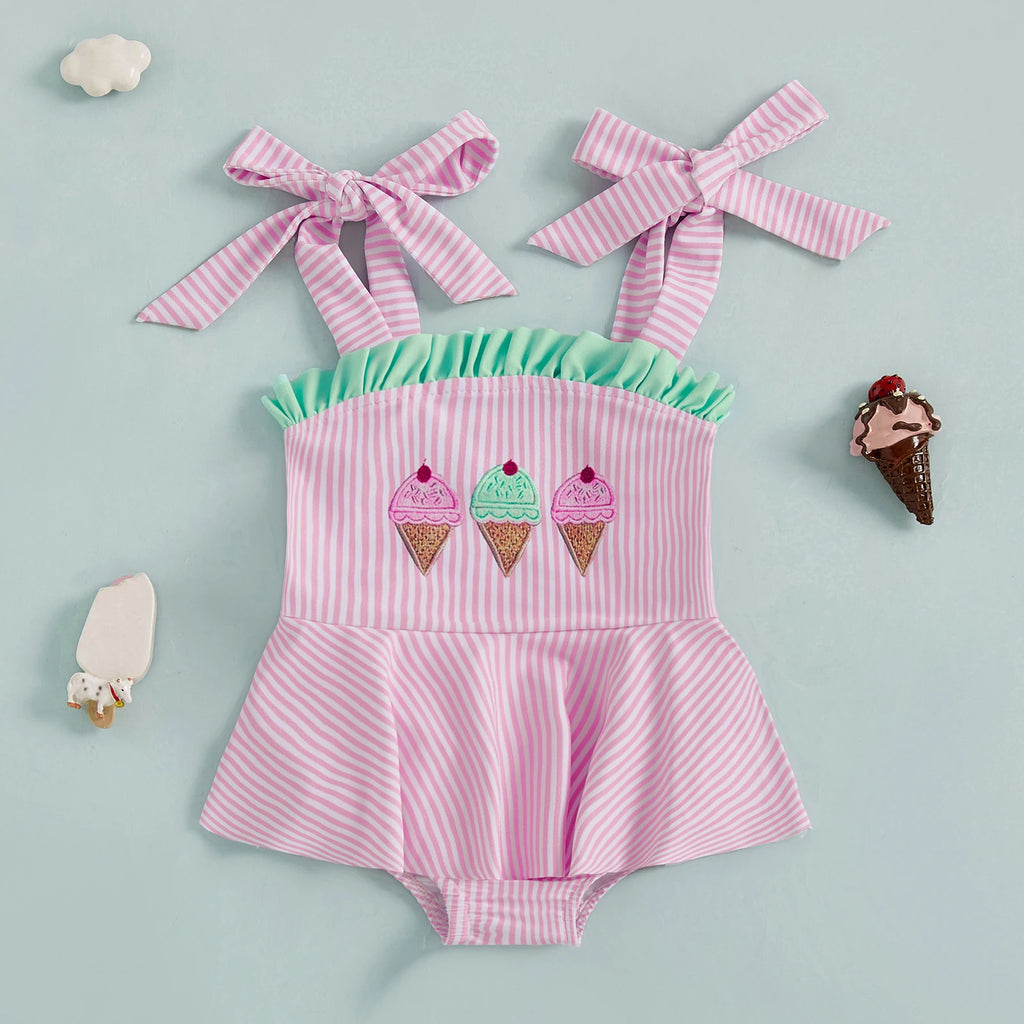 Ice Cream Embroidered Baby Swimsuit with Ruffled Trim and Tie Shoulder