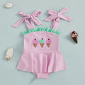 Ice Cream Embroidered Baby Swimsuit with Ruffled Trim and Tie Shoulder