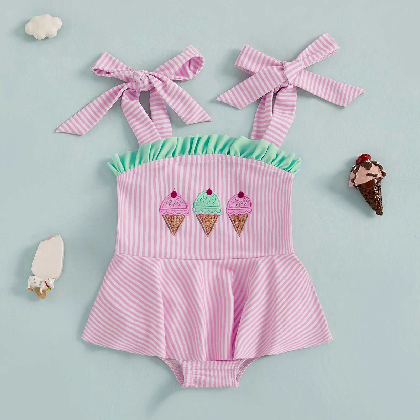Ice Cream Embroidered Baby Swimsuit with Ruffled Trim and Tie Shoulder