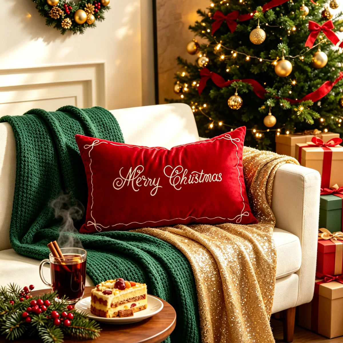 Red rectangular pillow cover with white Merry Christmas lettering and a delicate bow border, styled on an armchair.
