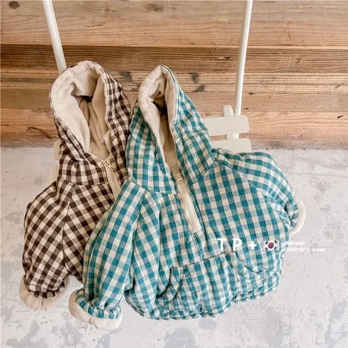 Plaid Cotton Kids Jacket with Plush Warmth in Green