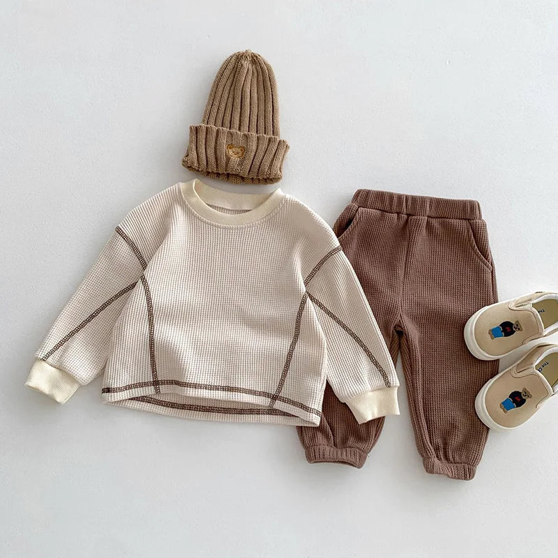 Beige Waffle Knit Baby Set with Pullover Blouse and Pants