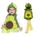 Infant wearing green avocado hooded romper with brown seed applique and striped stockings