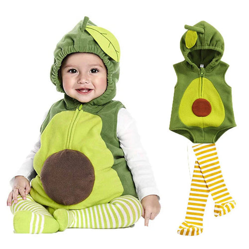 Infant wearing green avocado hooded romper with brown seed applique and striped stockings