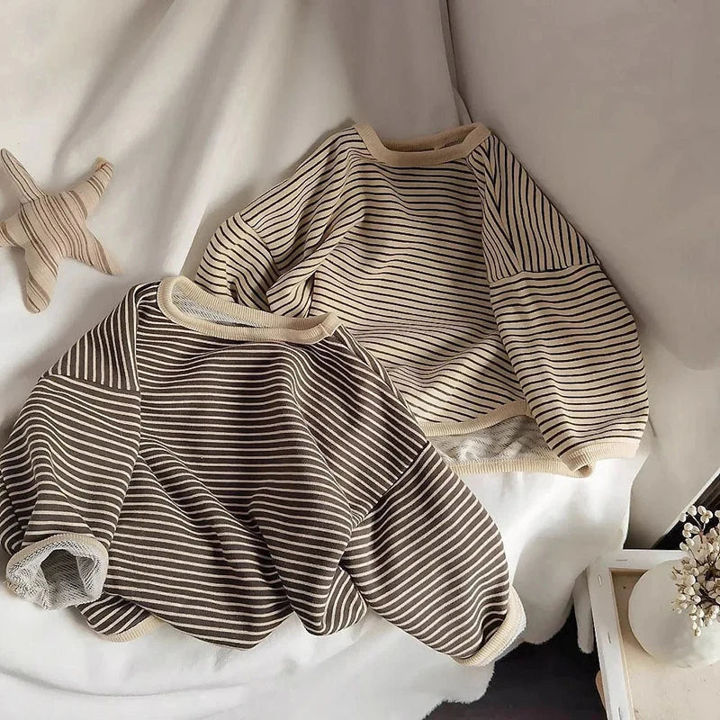 Coffee and beige striped cotton pullovers for children