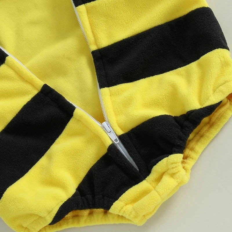 Close-up of zipper and elasticized bottom on bumble bee romper costume