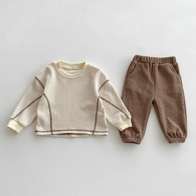 Beige Waffle Knit Baby Set laid flat