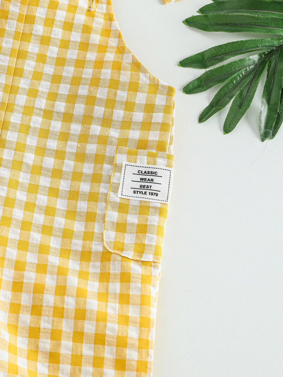 Close-up of Plaid Pattern on Sleeveless Overalls for Babies