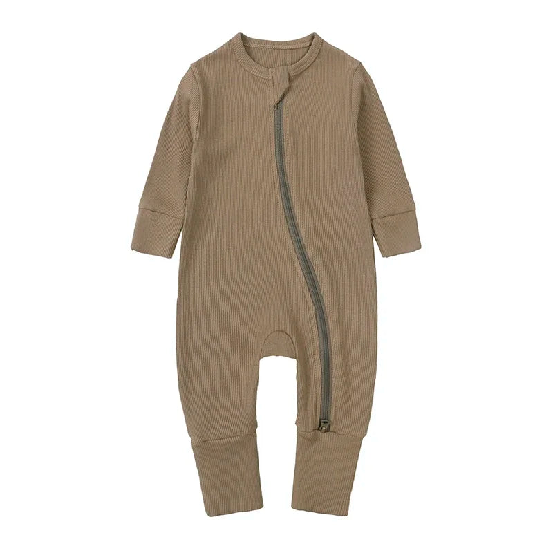 Long Sleeve Ribbed Zip Romper - Taupe