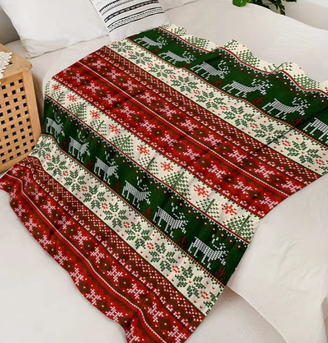 Red Green Reindeer Stripe Throw Blanket