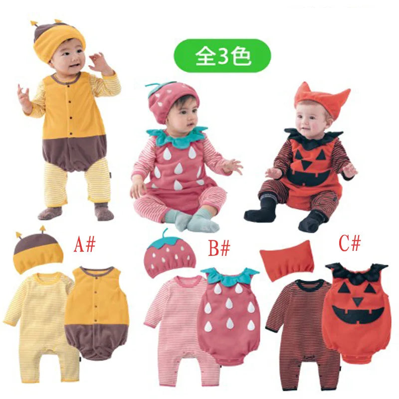 Model wearing all three infant costume sets