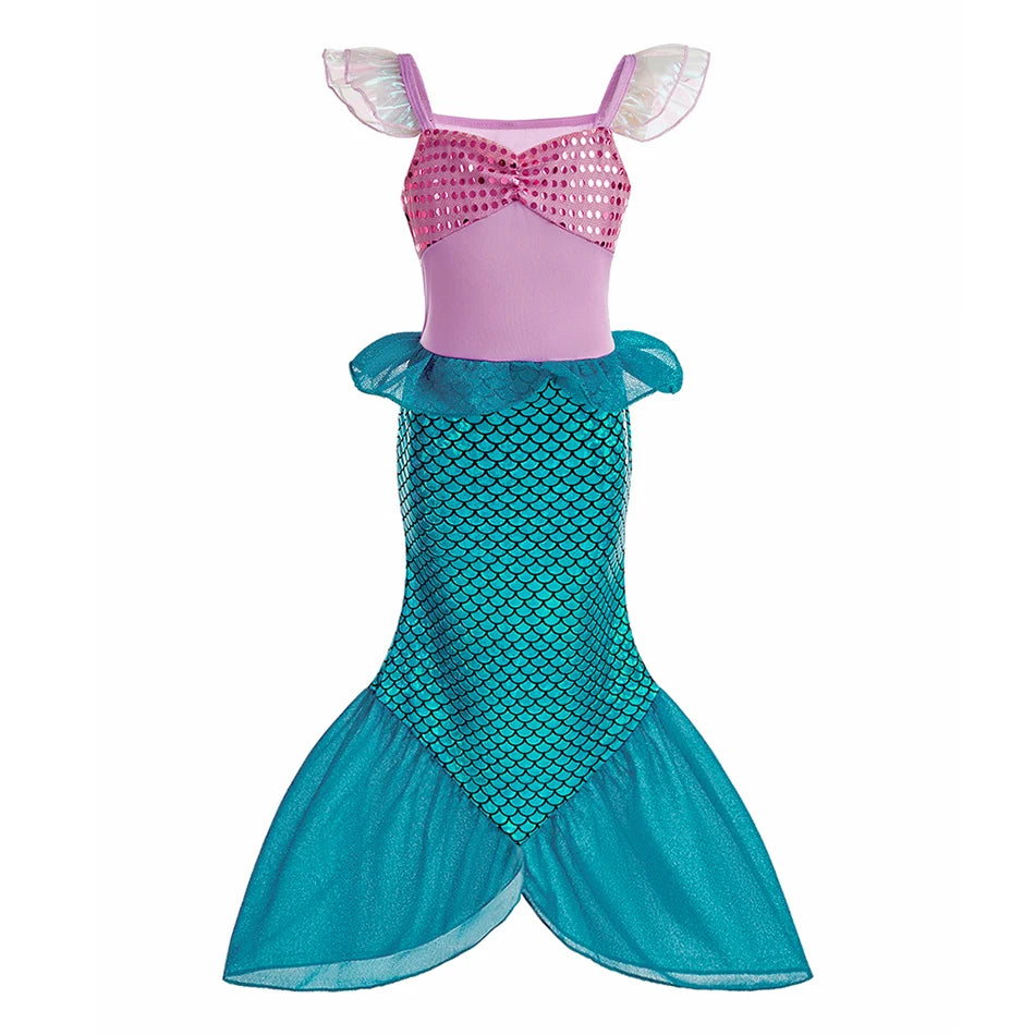 Pink and teal mermaid costume dress with sequin bodice and scale-patterned skirt