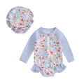 Toddler Swimwear Floral Ruffle Romper with Swim Cap