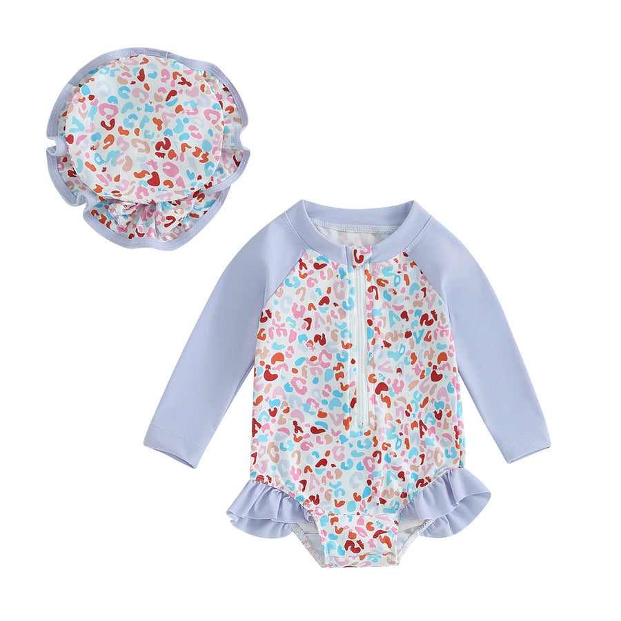 Toddler Swimwear Floral Ruffle Romper with Swim Cap