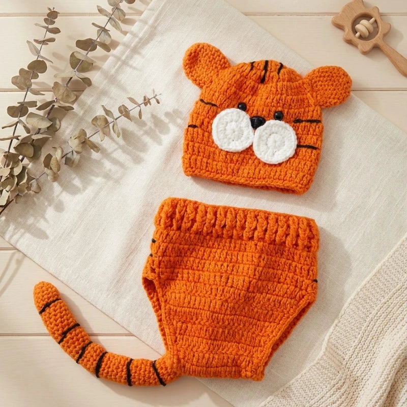 Knitted orange tiger baby costume set with hat and diaper cover with tail
