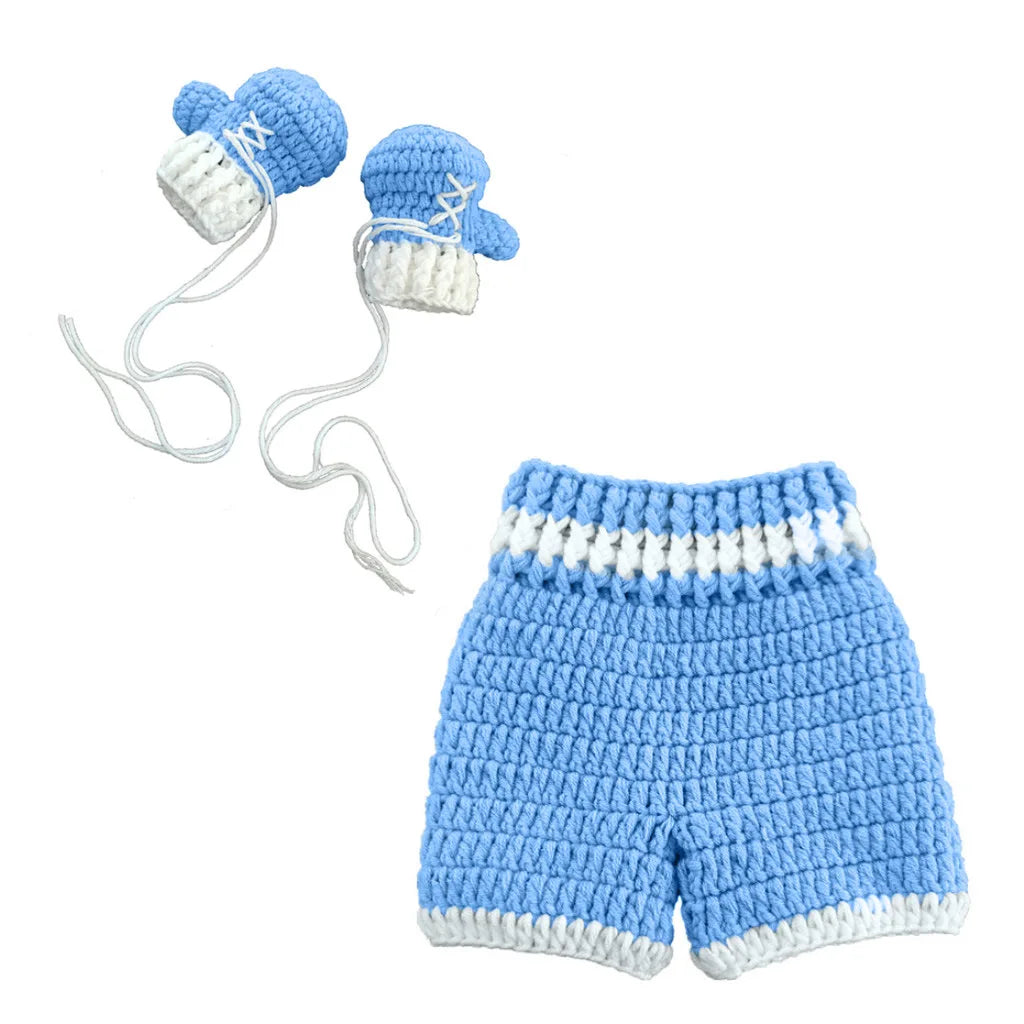 Blue crochet baby boxing shorts and gloves costume set