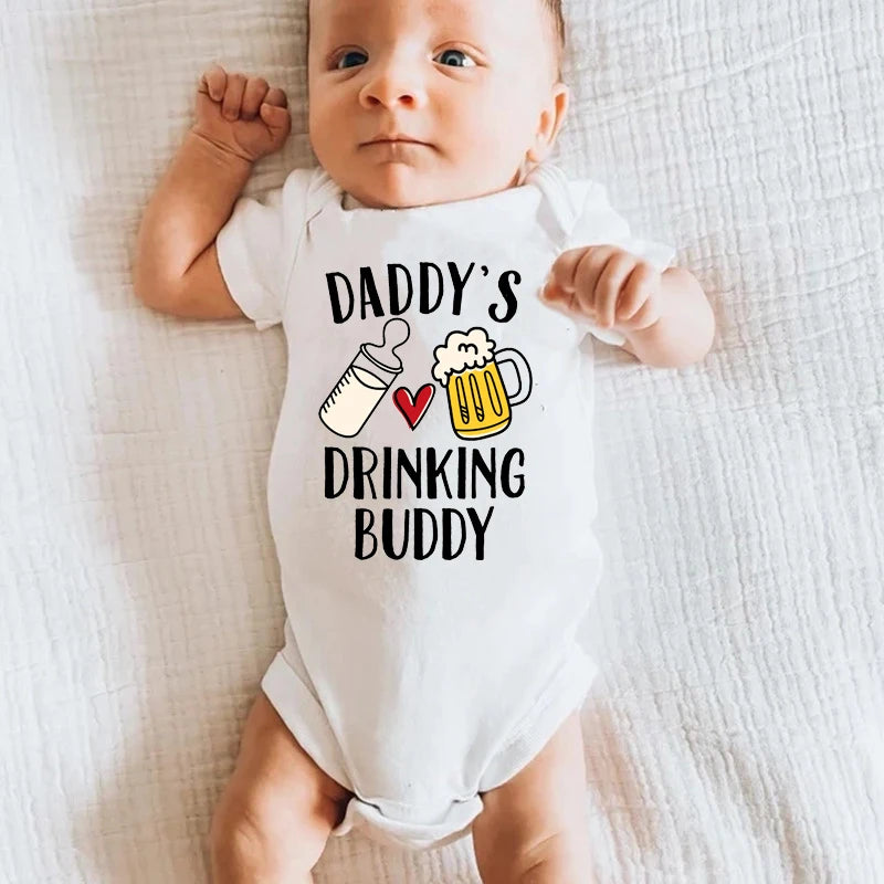 Close-up of Daddy's Buddy Print on Baby Romper
