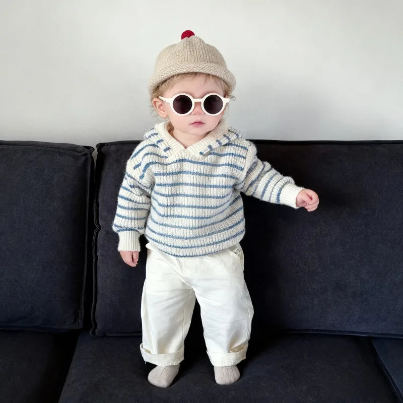 Striped Knit Romper front view showing hooded collar and full sleeves