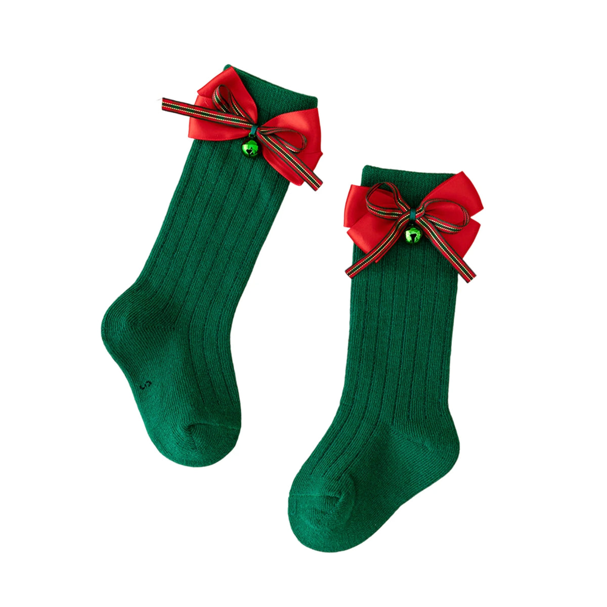 Green ribbed knee socks with layered red and striped bows and small green bell accents.
