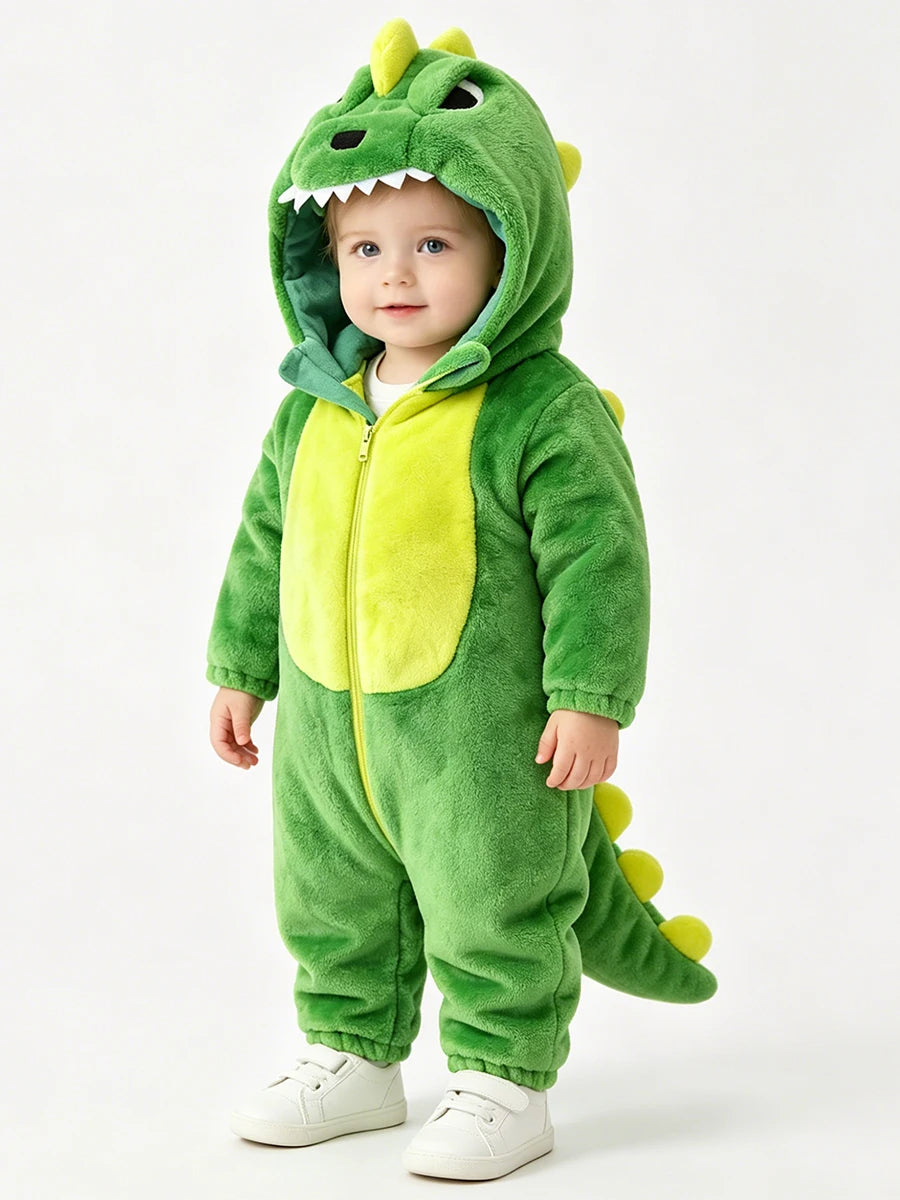 Green dinosaur plush jumpsuit costume back view