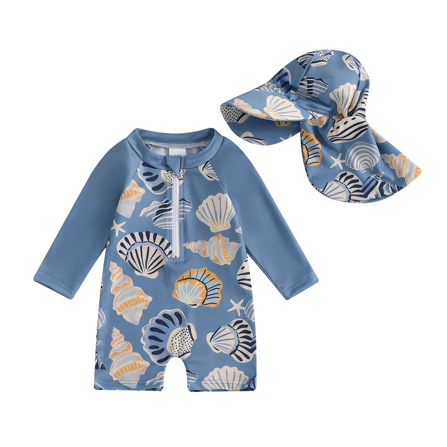 Floral Zip-Up Swimwear Set with Hat for Toddlers