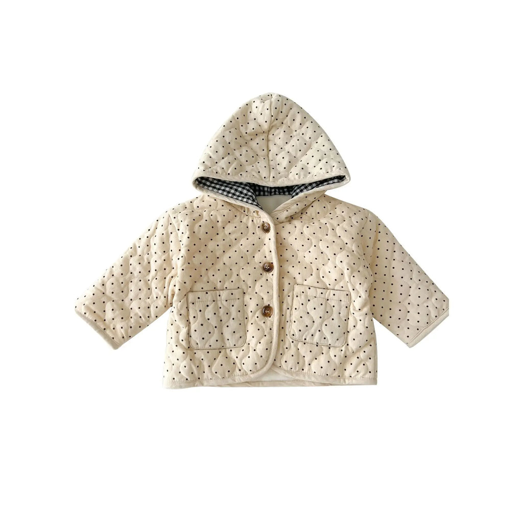 Polka Dot Corduroy Hooded Coat in Apricot color for babies