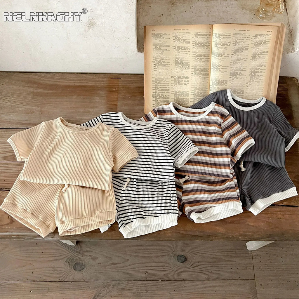 Striped Cotton Baby Pants Set with short sleeve top and shorts