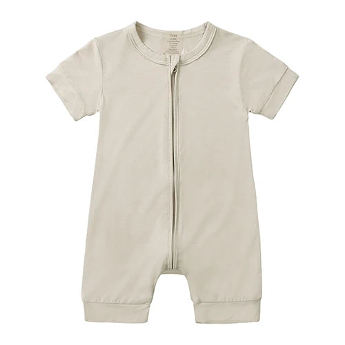 Soft Bamboo Short Sleeve Zip Romper - Oatmeal