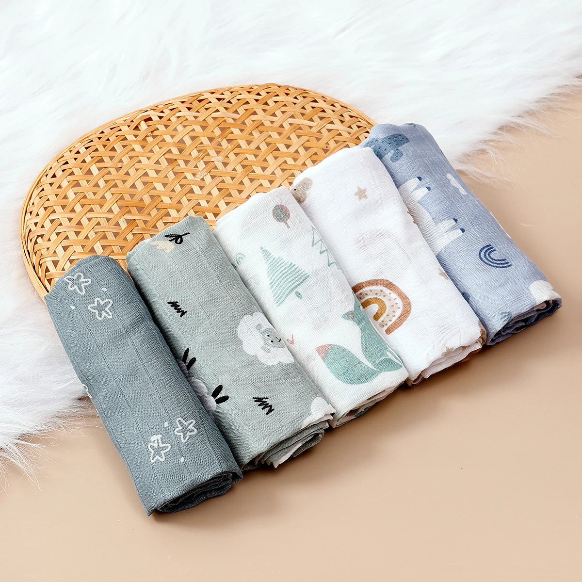 5-Piece Bamboo Cotton Muslin Burp Cloth Set – 23.6 × 23.6 in (60 × 60 cm) - Seasons