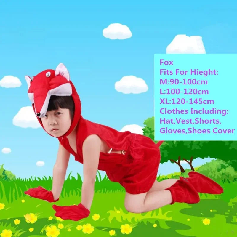 Child wearing red fox animal costume set with hat, vest, shorts, gloves, and shoe covers