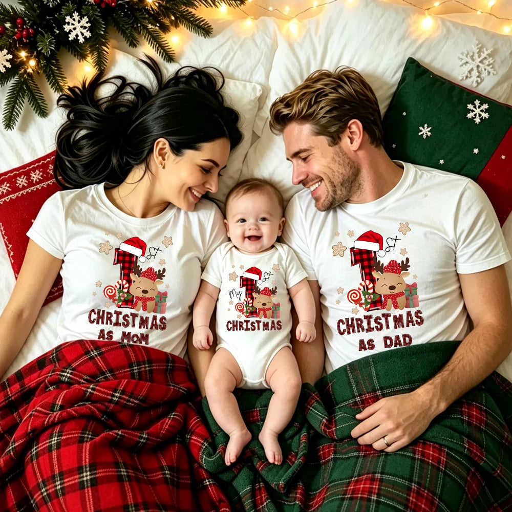 White first Christmas T-shirts for Mom and Dad and a coordinating baby bodysuit with reindeer and candy cane graphics.