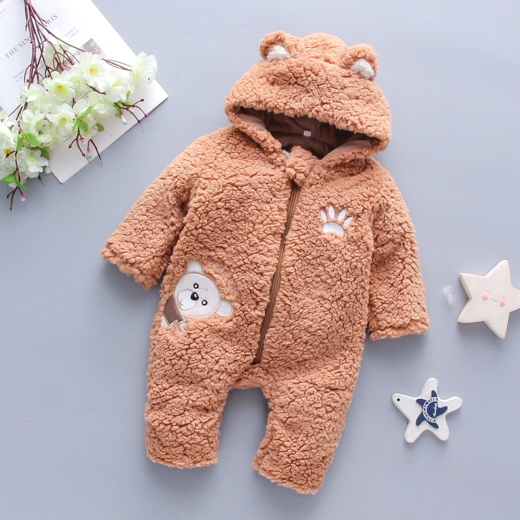 Side view of lamb hair baby romper with cartoon bear embroidery