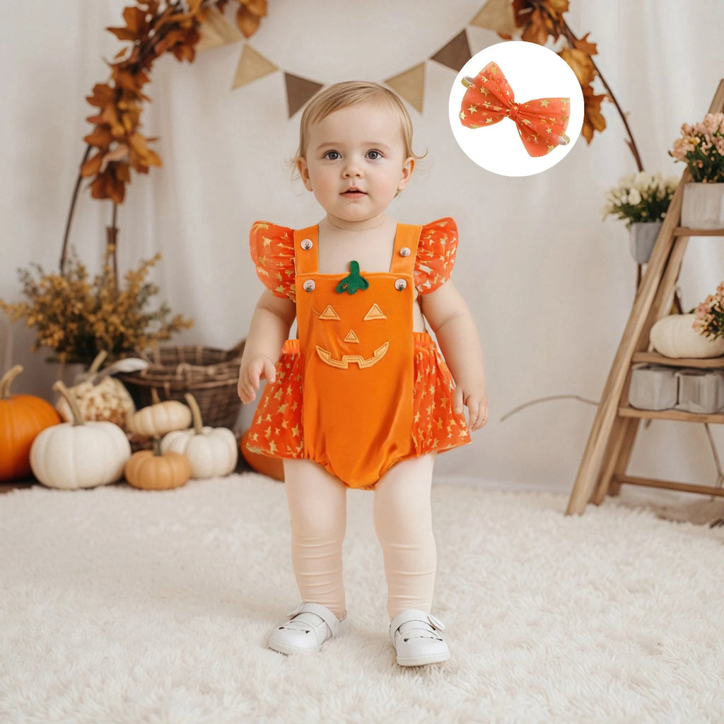 Lifestyle image of baby wearing orange pumpkin romper with bow headband