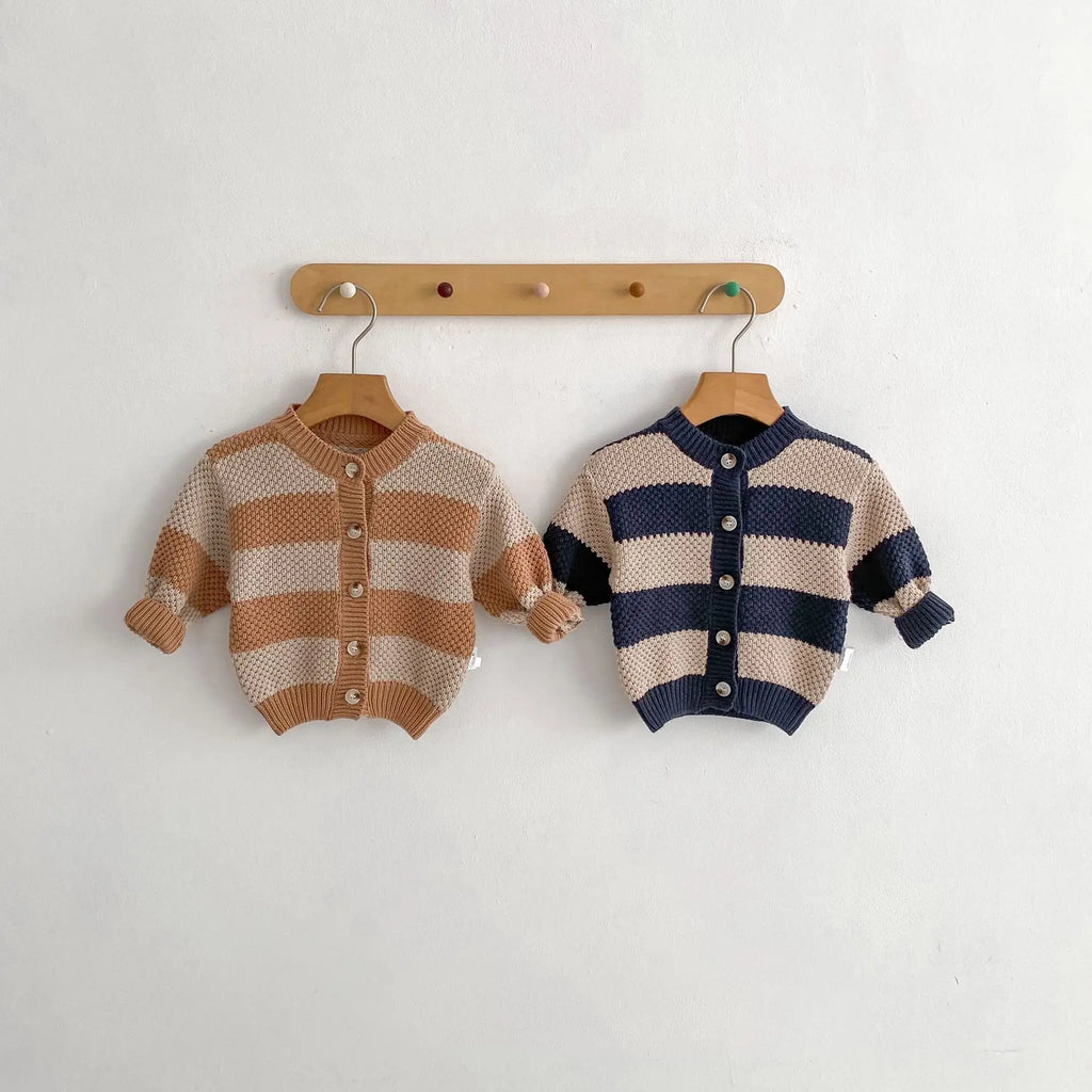 Striped knitted cardigan sweater jacket for baby boys and girls in black color