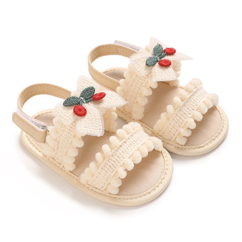 Cream Cherry Bow soft sole baby sandals