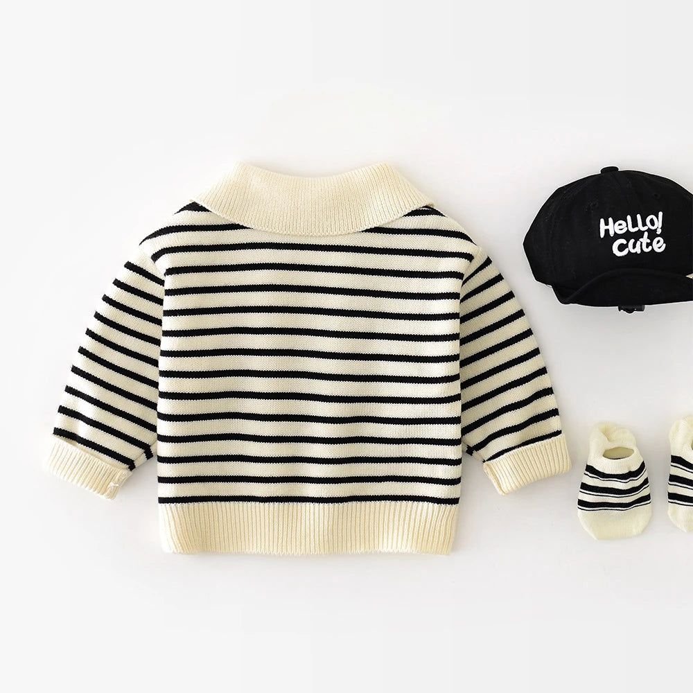 Side view of classical striped baby knitwear sweater cardigan