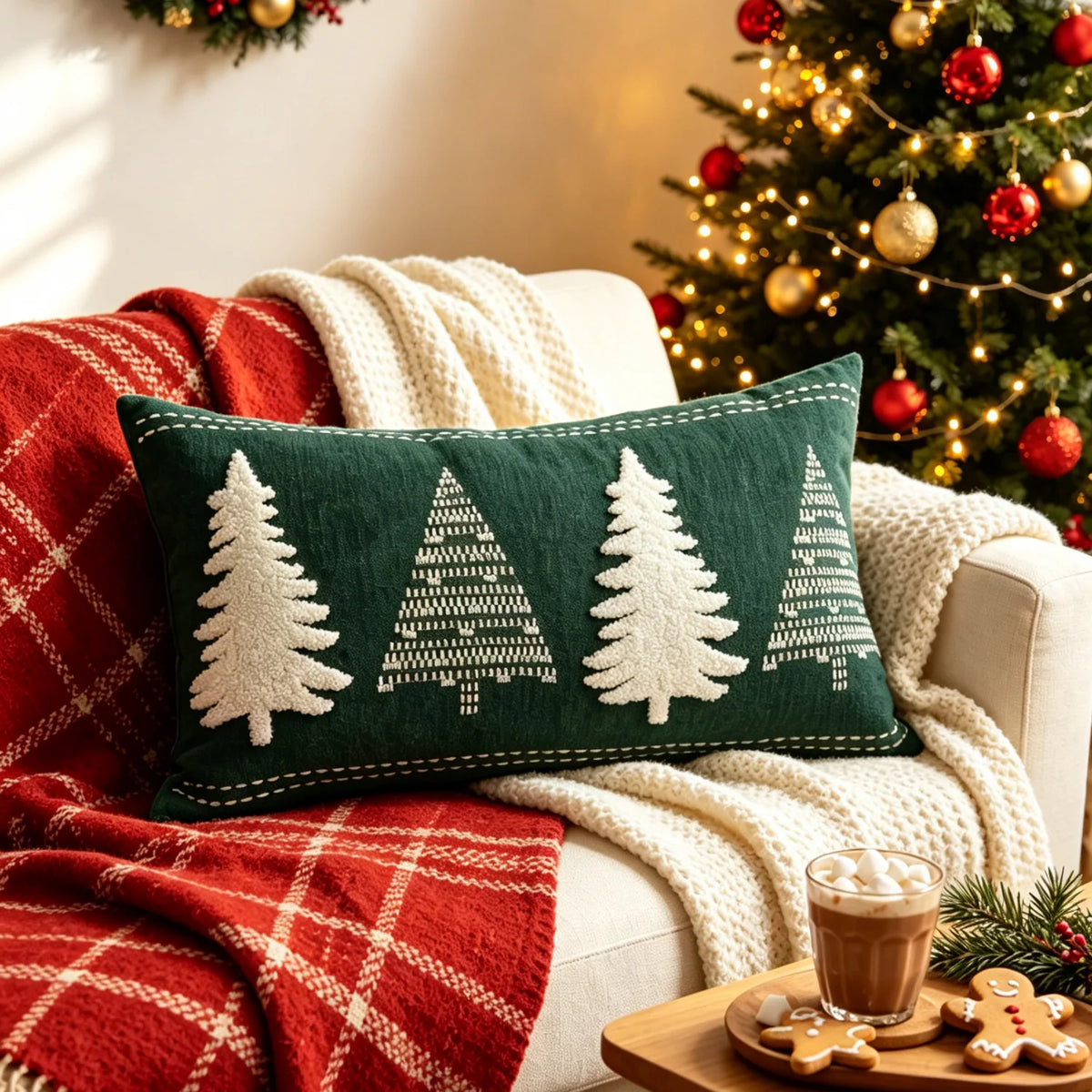Christmas pillow cover featuring a row of cream-colored Christmas trees on a green background.