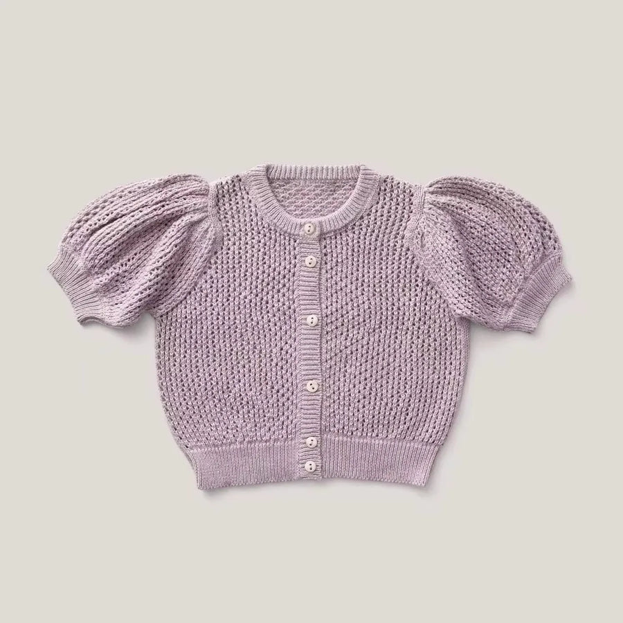 Girls Knit Cardigan Hollow Out Puff Short Sleeve Button Down Sweater Coat