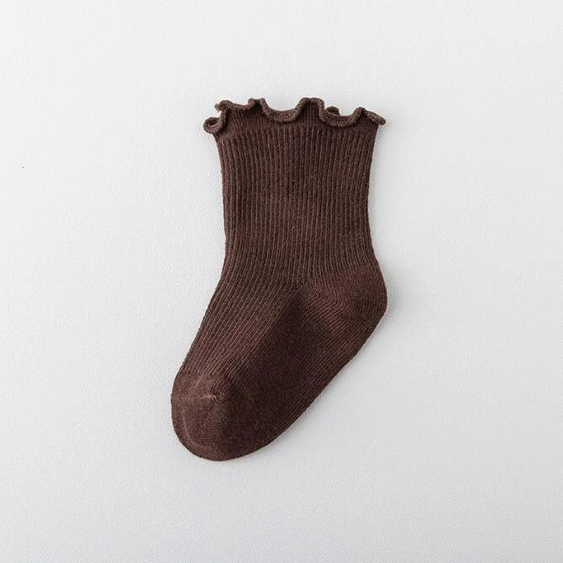 Frilled Rib Baby Socks 3-Pair Set - Brown, product view
