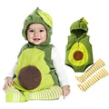 Toddler wearing green avocado hooded romper costume with striped leg warmers