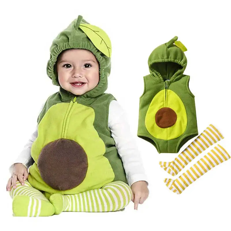 Toddler wearing green avocado hooded romper costume with striped leg warmers
