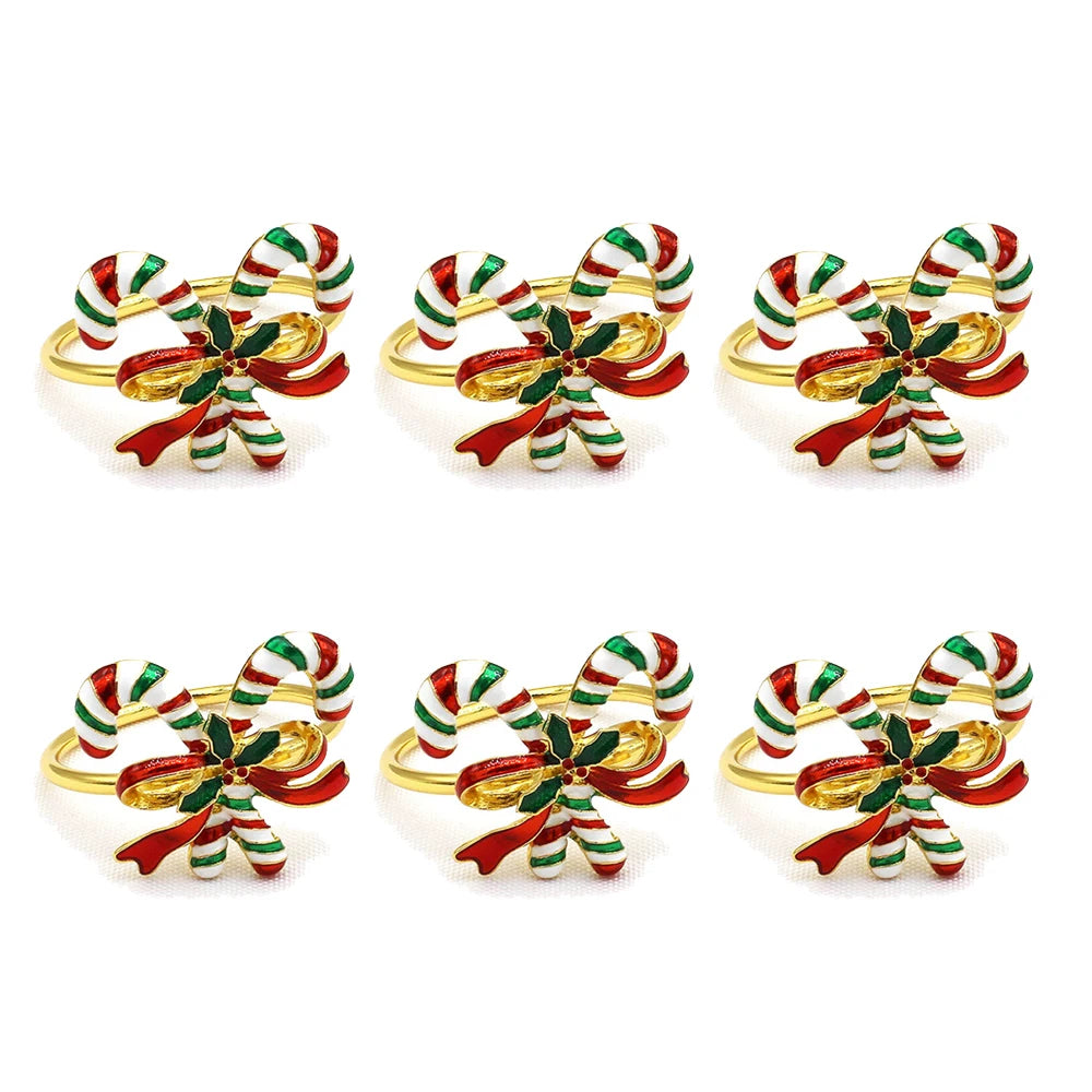 Striped Christmas Candy Cane Bow Napkin Rings — Set of 6. Crossed green, red, and white striped candy canes with a bow.