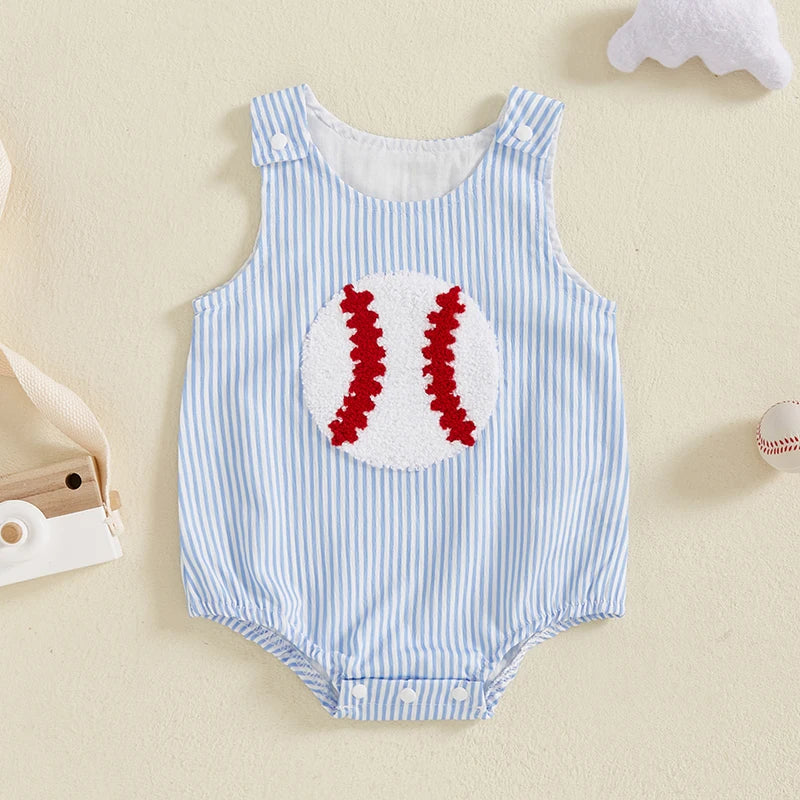 Sleeveless baseball embroidery bodysuit jumpsuit for babies