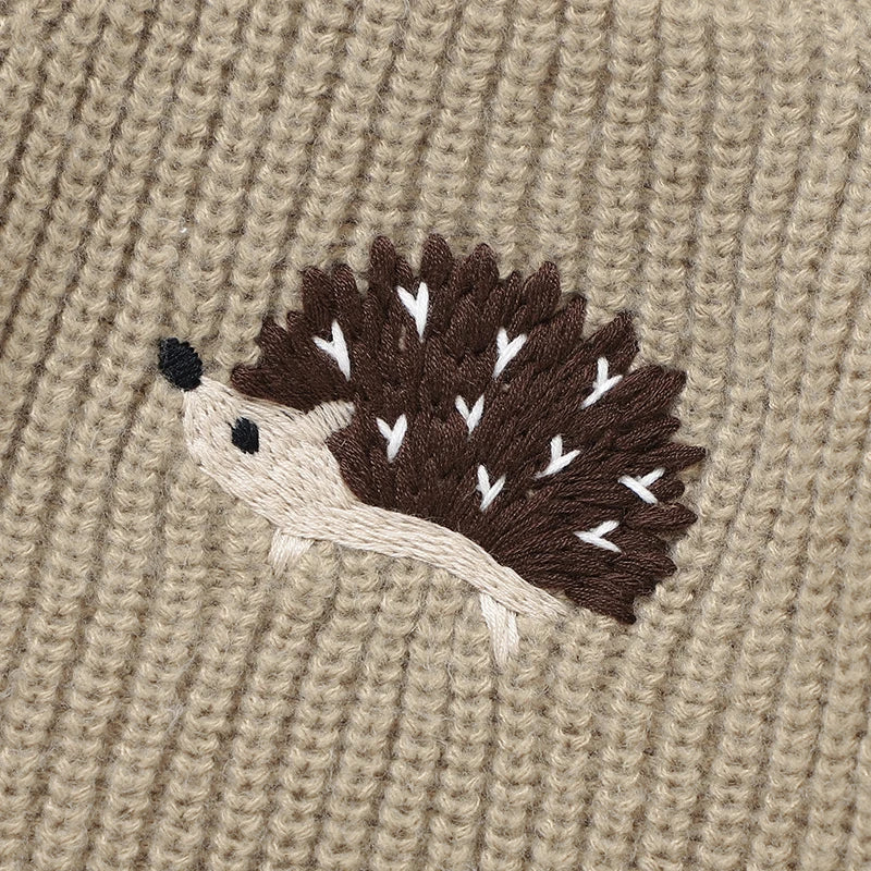 Back View of Baby Knit Sweater with Hedgehog Embroidery
