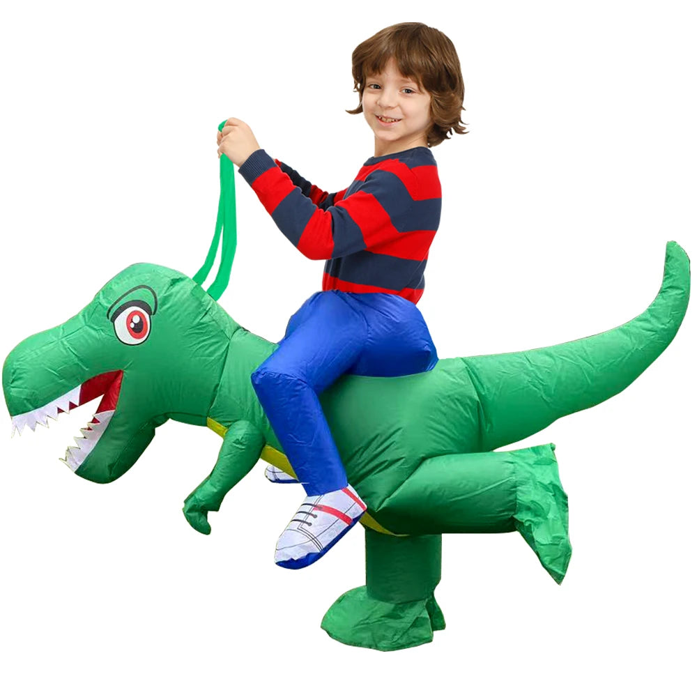 Child wearing inflatable green dinosaur ride-on costume